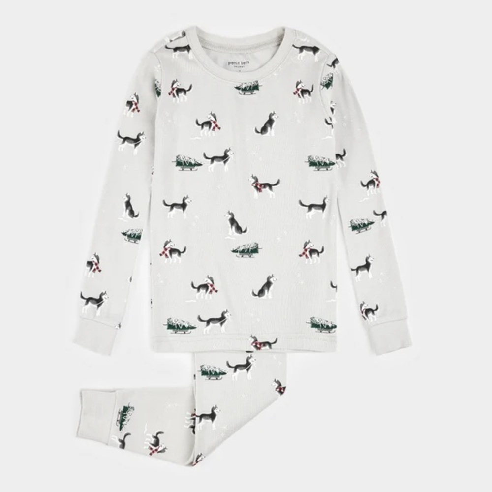 Petit Lem Holiday Light Grey Husky Dog Winter Holiday 2 Piece Pajama Set 7T NWT